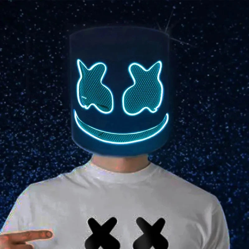 Halloween Light Up Mask Full Face LED Neon Marshmallow Mask Headgear Luminous DJ Music Festival Props Cosplay Rave Party Mask