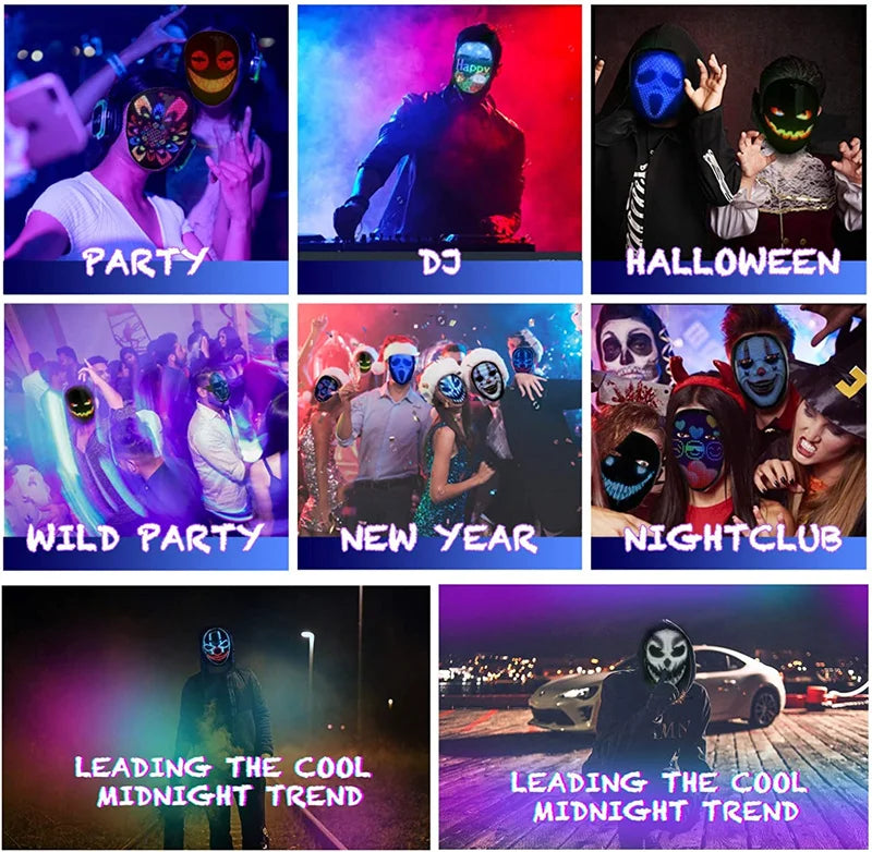 LED Light Up Mask APP Control Programmable Glowing Face Masks For Scary Halloween Festival Costume Masquerade Parties Cosplay