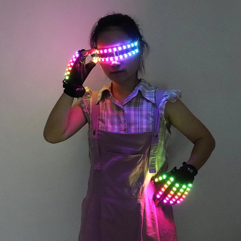 LED Gloves Glowing Glasses Light Up Glasses Rave Costume Decor DJ Dance Performances Luminous Props Halloween Decorati