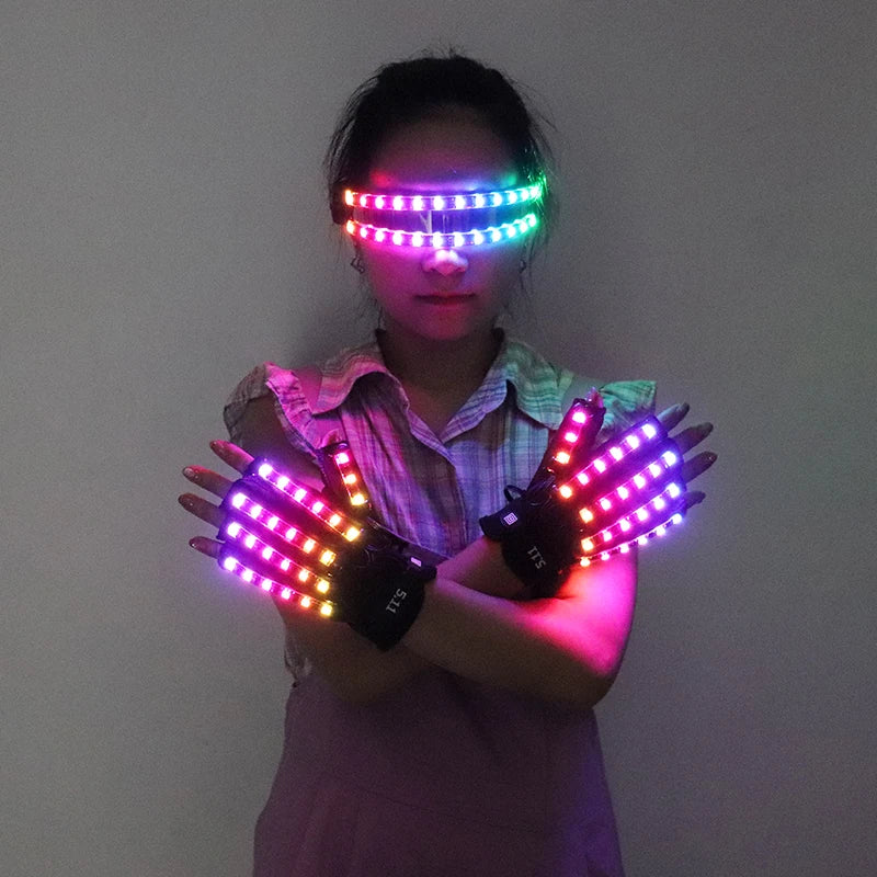 LED Gloves Glowing Glasses Light Up Glasses Rave Costume Decor DJ Dance Performances Luminous Props Halloween Decorati